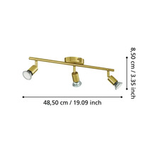 Lumină de plafon cu trei spoturi și dimensiunile de 48,50 cm lungime și 8,50 cm înălțime