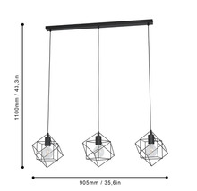 Lumină suspendată cu trei abajururi geometrice și dimensiuni