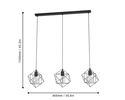 Lumină suspendată cu trei abajururi geometrice și dimensiuni