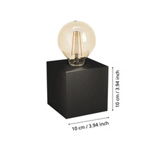 Lampă de masă decorativă cu bază cubică și bec rotund, dimensiuni zece centimetri pe zece centimetri