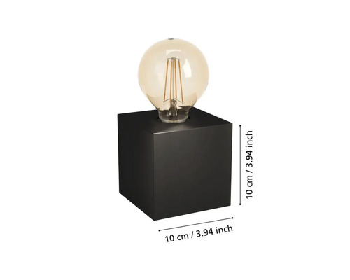 Lampă de masă decorativă cu bază cubică și bec rotund, dimensiuni zece centimetri pe zece centimetri