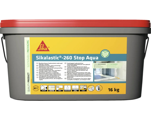 Etanșeizant Sika Sikalastic 260 Stop Aqua 16 kg Găleată Sika Sikalastic 260 Stop Aqua cu membrană hidroizolantă cu uscare rapidă pentru impermeabilizare sub plăci ceramice, 16 kilograme