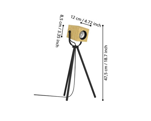 Lampă de masă cu carcasă din lemn și picioare de trepied, dimensiuni afișate