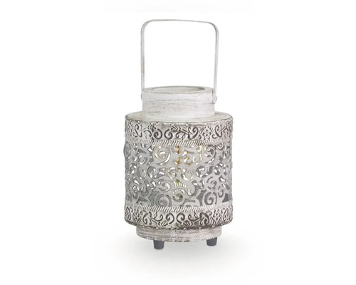 Lanternă decorativă cu model filigranat și mâner de transport.