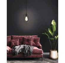 Living cu lampă suspendată, canapea și plantă la ghiveci pentru o atmosferă confortabilă.