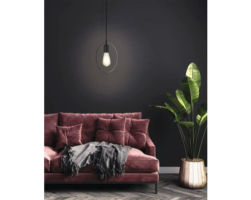 Living cu lampă suspendată, canapea și plantă la ghiveci pentru o atmosferă confortabilă.