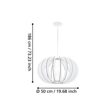 Lustr alb cu diametrul de 50 cm și înălțimea de 186 cm.