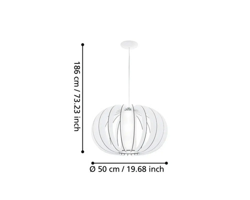 Lustr alb cu diametrul de 50 cm și înălțimea de 186 cm.