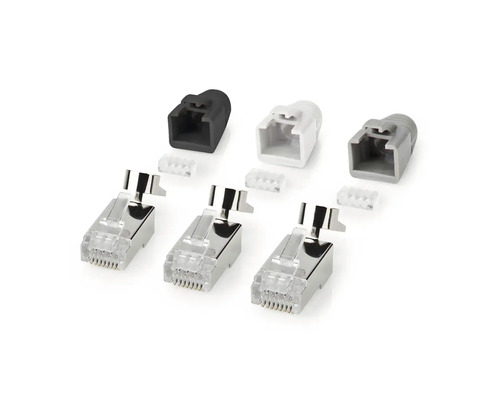 Mufe conector RJ45 Nedis CAT7, aurite, manșon, 10 bucăți Mai mulți conectori de rețea cu manșoane pentru capetele firelor în diferite modele.