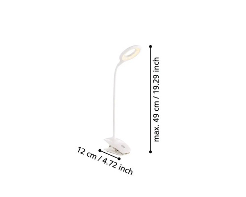 Lampă cu clemă cu înălțimea maximă de 49 de centimetri și o clemă de 12 centimetri.