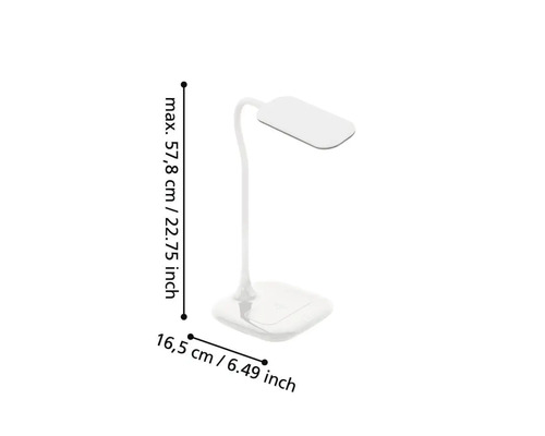 Lampă de birou albă cu braț flexibil și dimensiuni specificate