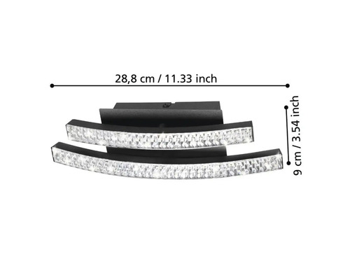 Dimensiunile unei plafoniere cu decorațiuni din cristal: 28,8 cm lungime și 9 cm înălțime.