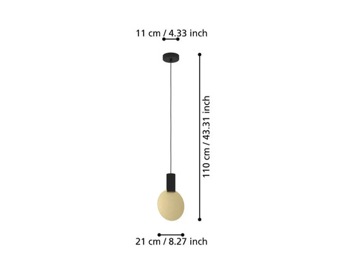 Desen tehnic al unei lămpi suspendate cu dimensiunile de 110 x 21 x 11 centimetri