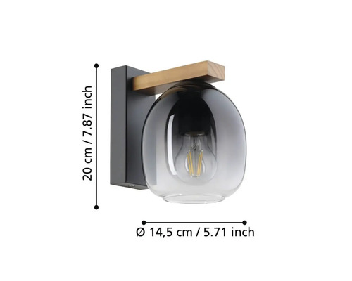 Lumină de perete cu abajur din sticlă și element din lemn, diametru 14,5 cm, înălțime 20 cm
