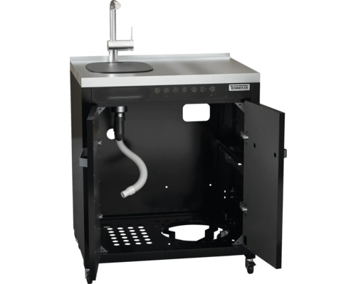 Masă de spălat cu chiuvetă și robinet, dulap inferior cu uși deschise.