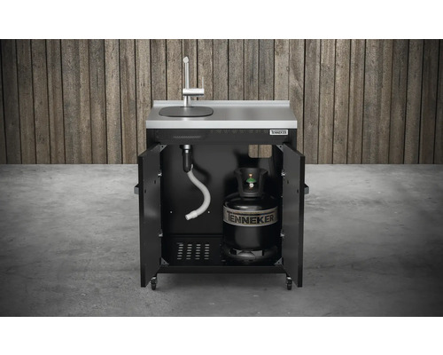 Cărucior grătar cu chiuvetă și butelie de gaz în dulapul inferior