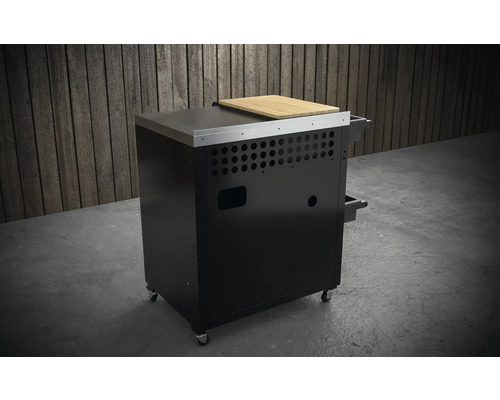 Masă de grătar neagră cu blat din oțel inoxidabil și tocător din lemn