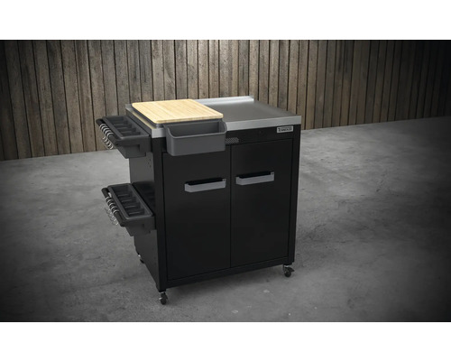 Cărucior grătar cu tocător, compartimente de depozitare și role