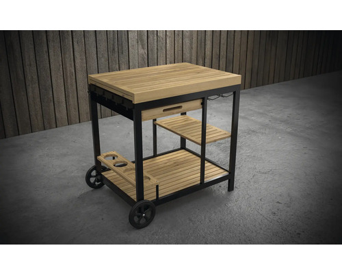 Cărucior de servire din metal și lemn cu rafturi și role