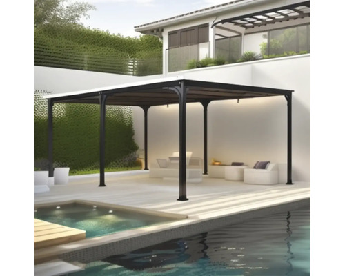 Foișor de grădină pătrat cu iluminare lângă o piscină