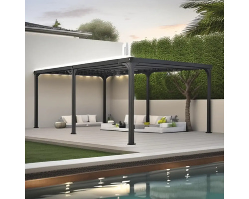 Structură de pavilion negru cu zonă de relaxare în aer liber