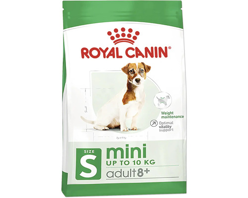 Hrană uscată pentru câini Royal Canin Mini Adult 8+, 8 kg Logo Royal Canin. Ambalaj hrană uscată pentru câini Mini Adult 8+ pentru câini de talie mică până la 10 kilograme pentru menținerea greutății și susținerea vitalității.