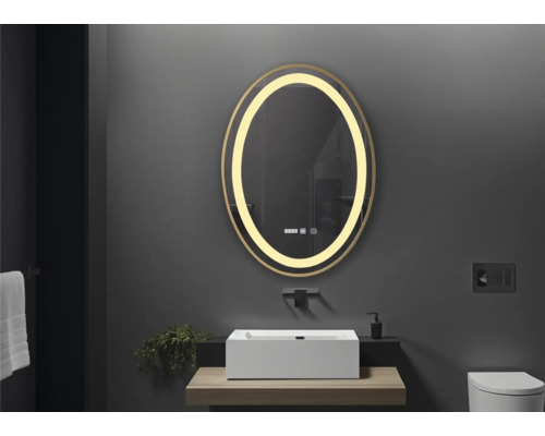 Baie cu oglindă ovală cu iluminare, chiuvetă și toaletă