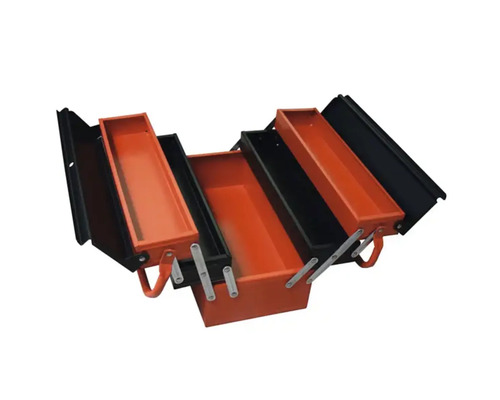 Cutie de scule metalică deschisă, cu mai multe compartimente