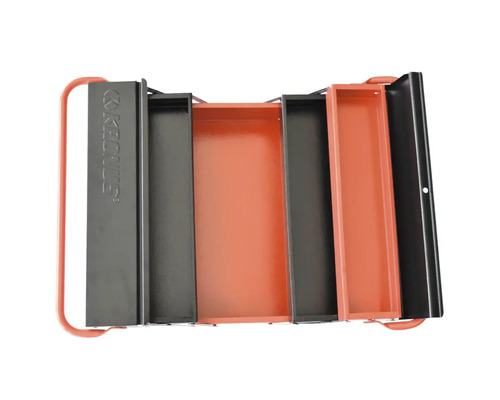 Cutie de scule metalică deschisă, cu mai multe compartimente