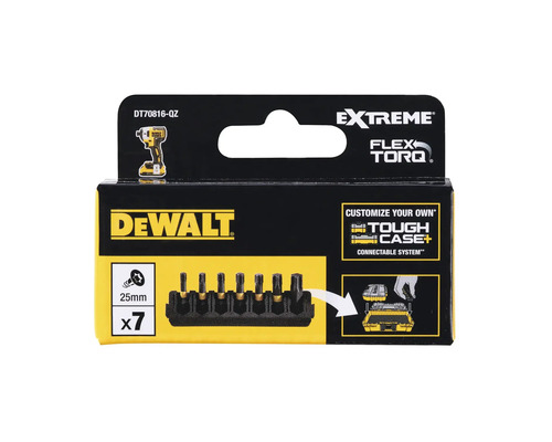 Set de biți DeWalt cu șapte biți de 25 mm lungime în ambalaj