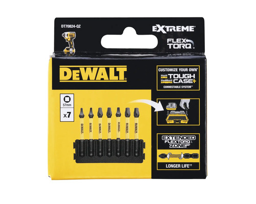 Set de biți DeWalt Extreme Flex Torq cu șapte piese în ambalaj