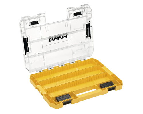 Cutie de scule deschisă DeWalt cu capac transparent și bază galbenă.