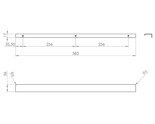 Desen tehnic al unei șine metalice cu dimensiuni