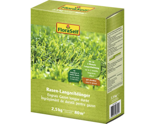 Îngrășământ gazon FloraSelf 2,5 kg 80 m² de lungă durată Pachet de îngrășământ pentru gazon cu eliberare prelungită de la FloraSelf, conținut 2,5 kilograme pentru 80 de metri pătrați de gazon