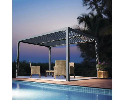 Scenă cu o pergolă modernă lângă o piscină și mobilier de grădină