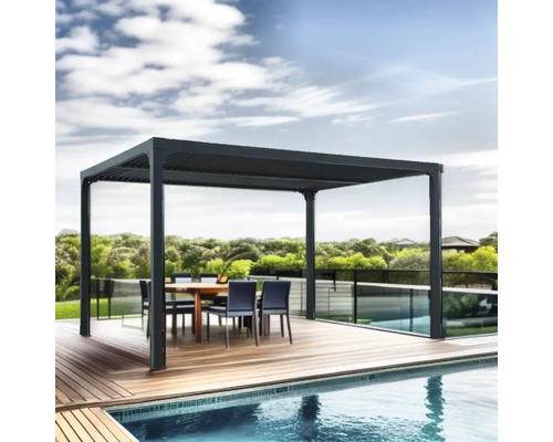 Pergolă modernă cu masă și scaune lângă o piscină.
