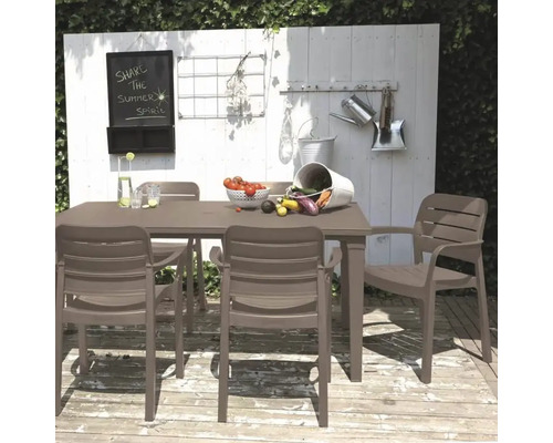 Scenă de grădină cu masă de sufragerie și scaune din plastic pe o terasă