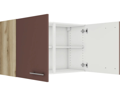 Dulap suspendat cu două uși, dintre care una este deschisă, cu rafturi