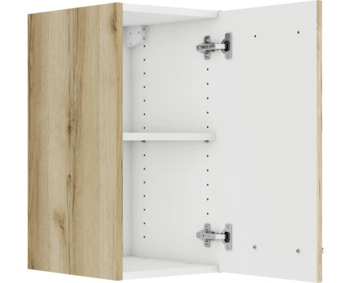 Dulap suspendat deschis cu o poliță și o ușă cu decor de lemn