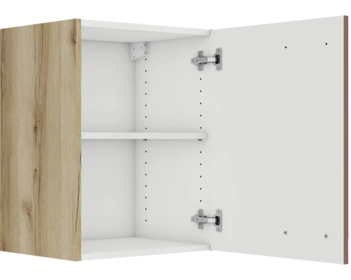 Dulap suspendat deschis cu o ușă cu aspect de lemn și rafturi