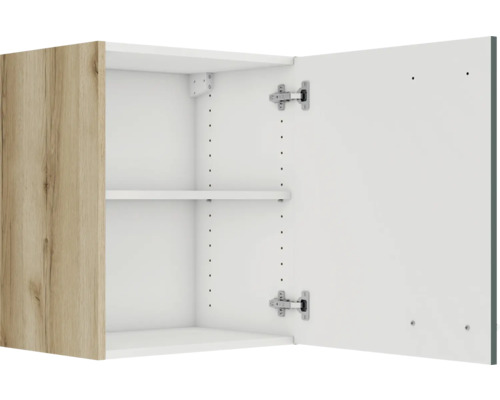 Dulap suspendat deschis cu două rafturi și o ușă cu decor de lemn