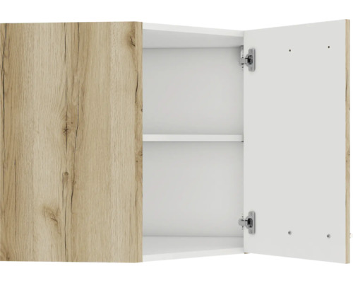 Dulap suspendat cu rafturi și o ușă cu decor de lemn