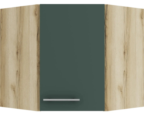 Dulap suspendat de colț cu decor de lemn și un mâner