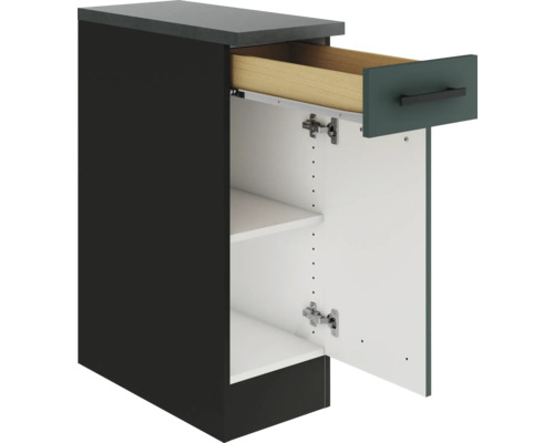 Dulap inferior cu sertar, ușă deschisă și rafturi