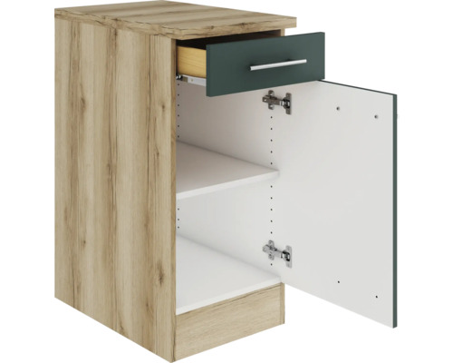 Dulap de bază de bucătărie cu sertar, rafturi și ușă deschisă