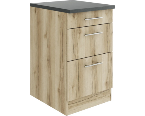 Corp inferior bucătărie Optifit Livorno290, 50 cm, 3 sertare, stejar sălbatic Dulap inferior cu trei sertare și blat de lucru
