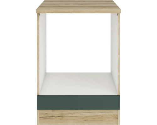 Corp inferior de bucătărie deschis din lemn cu fața sertarului închisă la culoare