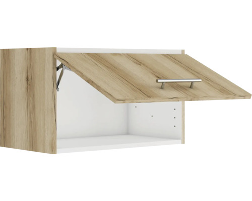 Dulap suspendat cu ușă din lemn deschisă și mâner metalic