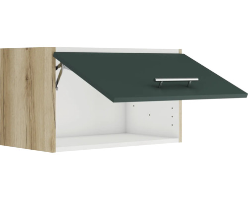 Dulap suspendat cu clapetă, decor de lemn și mâner