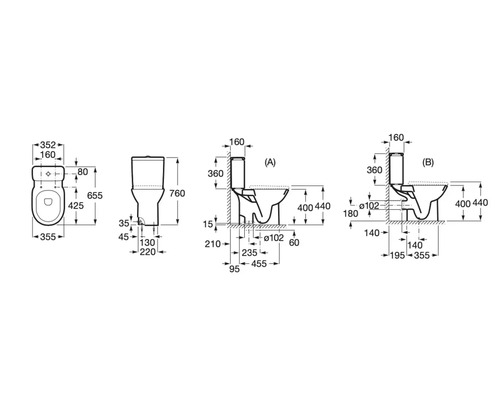 Desen tehnic al unui WC de podea cu dimensiuni